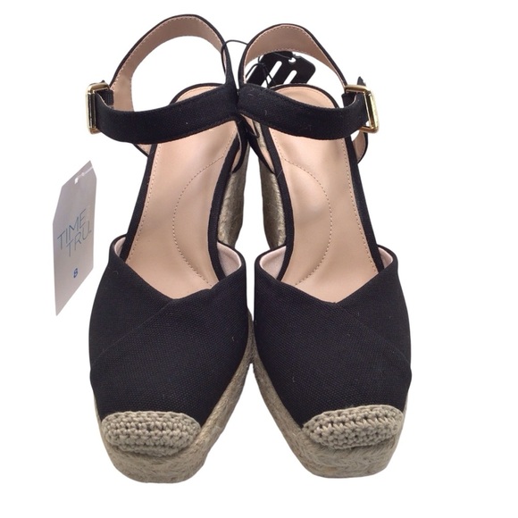 Time and Tru Women’s Espadrille Wedge Sandals Black Ankle Strap Size 8 or 10 - Picture 2 of 7